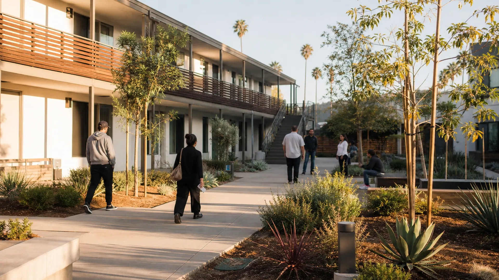 A welcoming supportive housing residence in Los Angeles with landscaped outdoor space in warm morning light