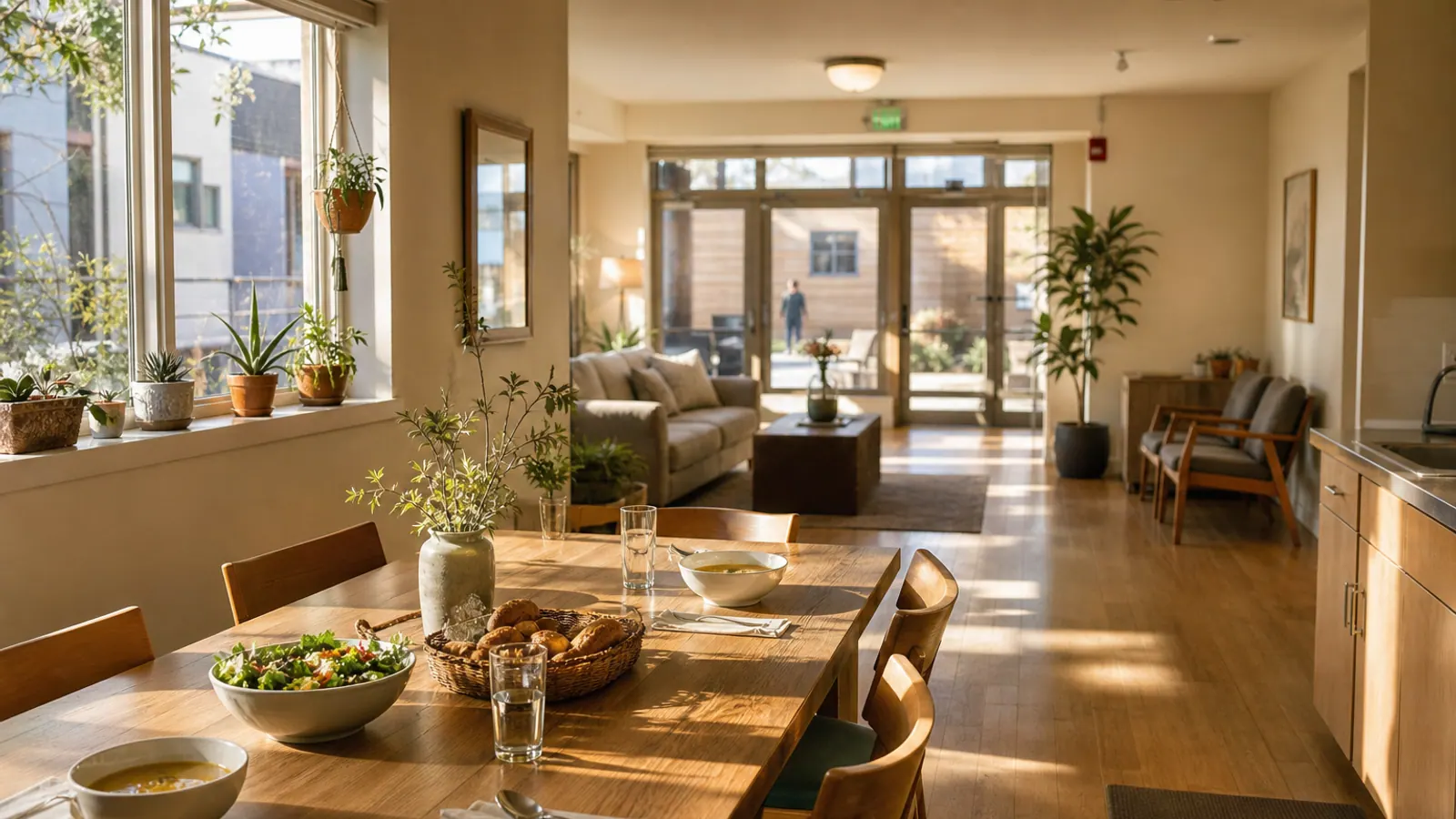 A clean shared dining and living space with natural light and a prepared meal