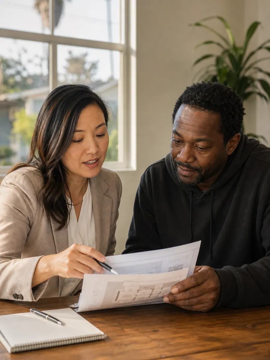 A case manager and participant reviewing a housing plan together